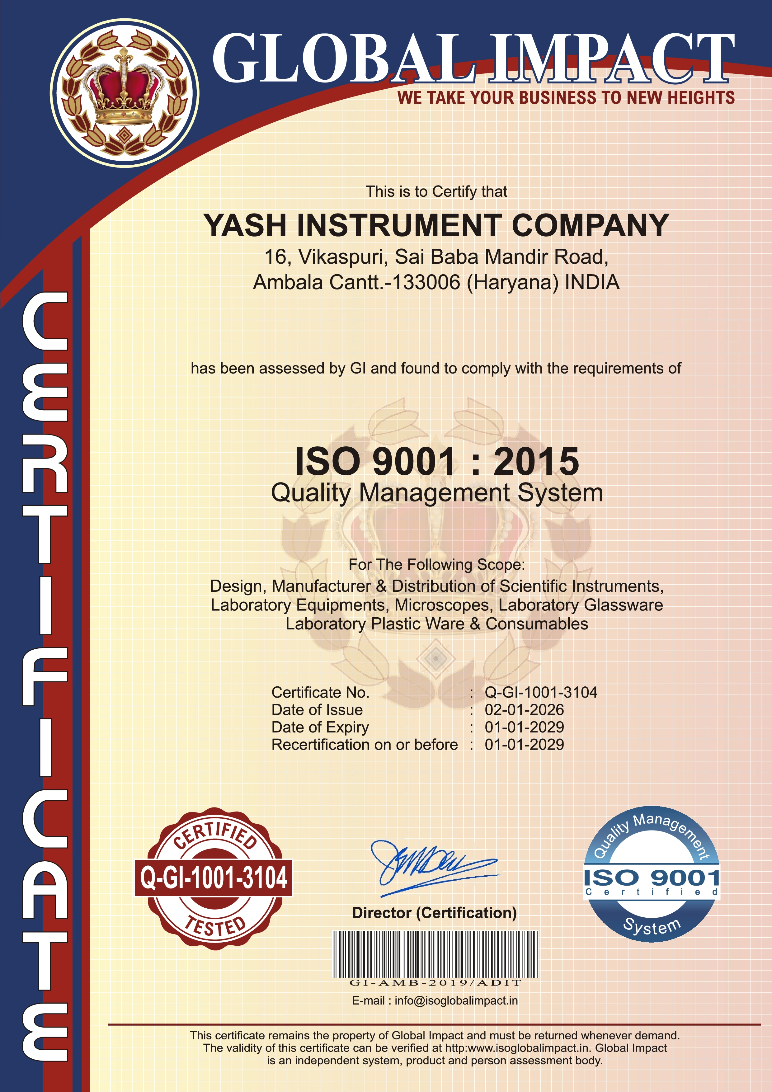 ISO 9001 Certification - Yash Instrument